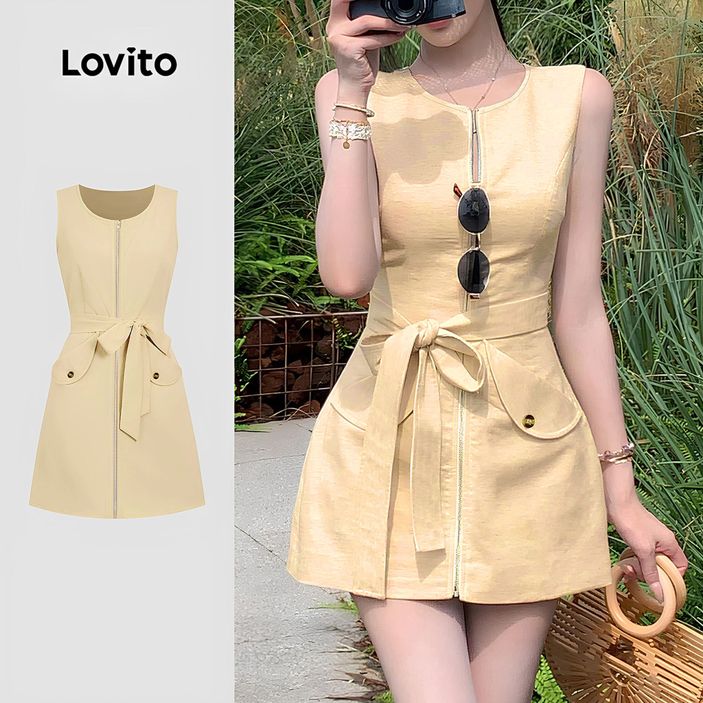 Lovito Vestido Casual com Zíper e Amarração em Renda para Primavera/verão Caqui para Mulheres L149LD300 em Oferta na Shopee