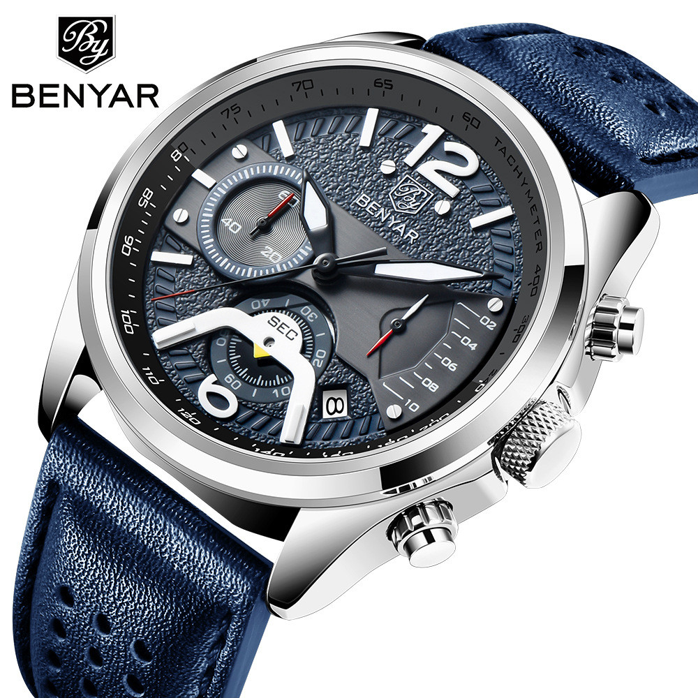 Novo Bennyar benyar relógio masculino moda esportes Multi-função cronógrafo couro genuíno relógio de quartzo 5171