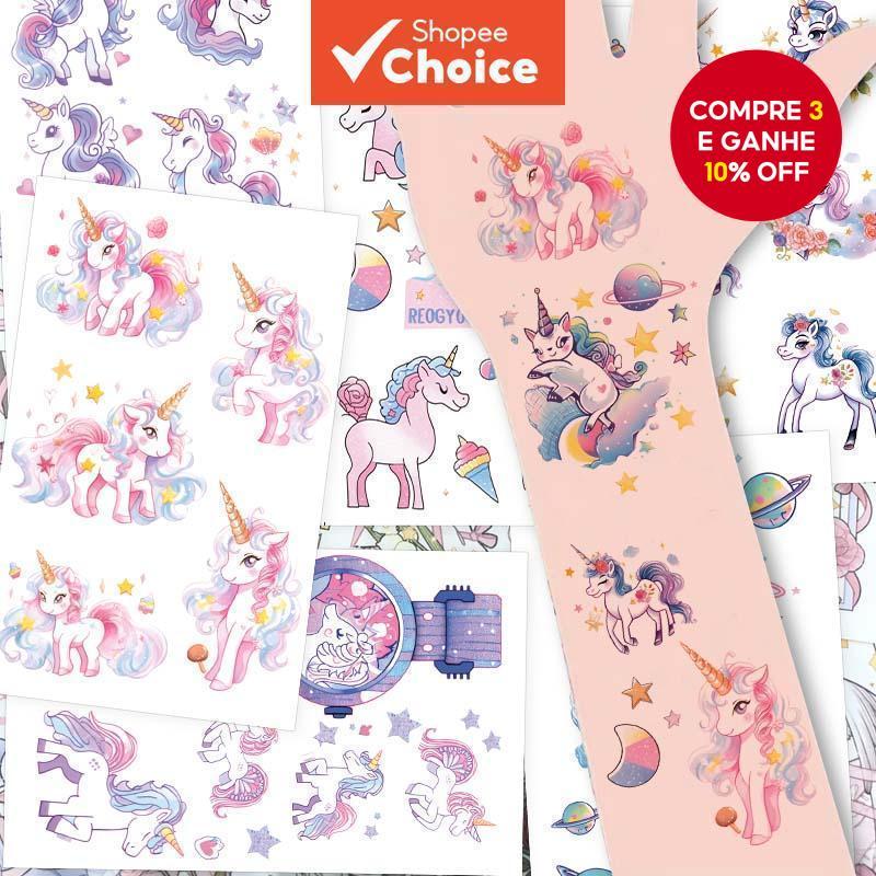 32 Estilos Autocolantes de Tatuagem Temporária Unicórnio Rosa Piscante à Prova d'Água para Decoração de Aniversário