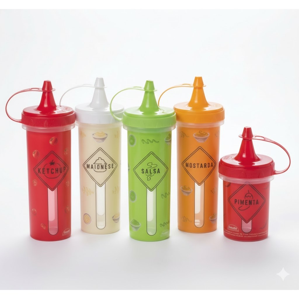 KIT 4 BISNAGA MOLHOS PARA LANCHONETE + BISNAGA PIMENTA PLASUTIL