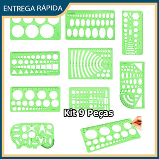 Kit 9 Ferramentas de medição geométrica Régua com gabarito para desenho geométrico Régua de plástico transparente em Oferta na Shopee