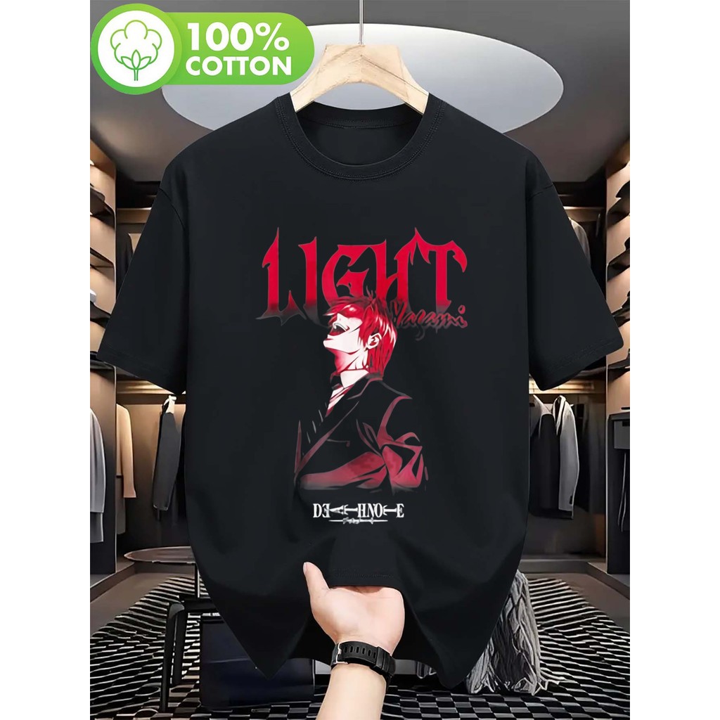 Camiseta Masculina Death Note Light Yagami Kira Ryuk Splash Tinta Preto Vermelho Gráfico Retrô Confortável Estilosa