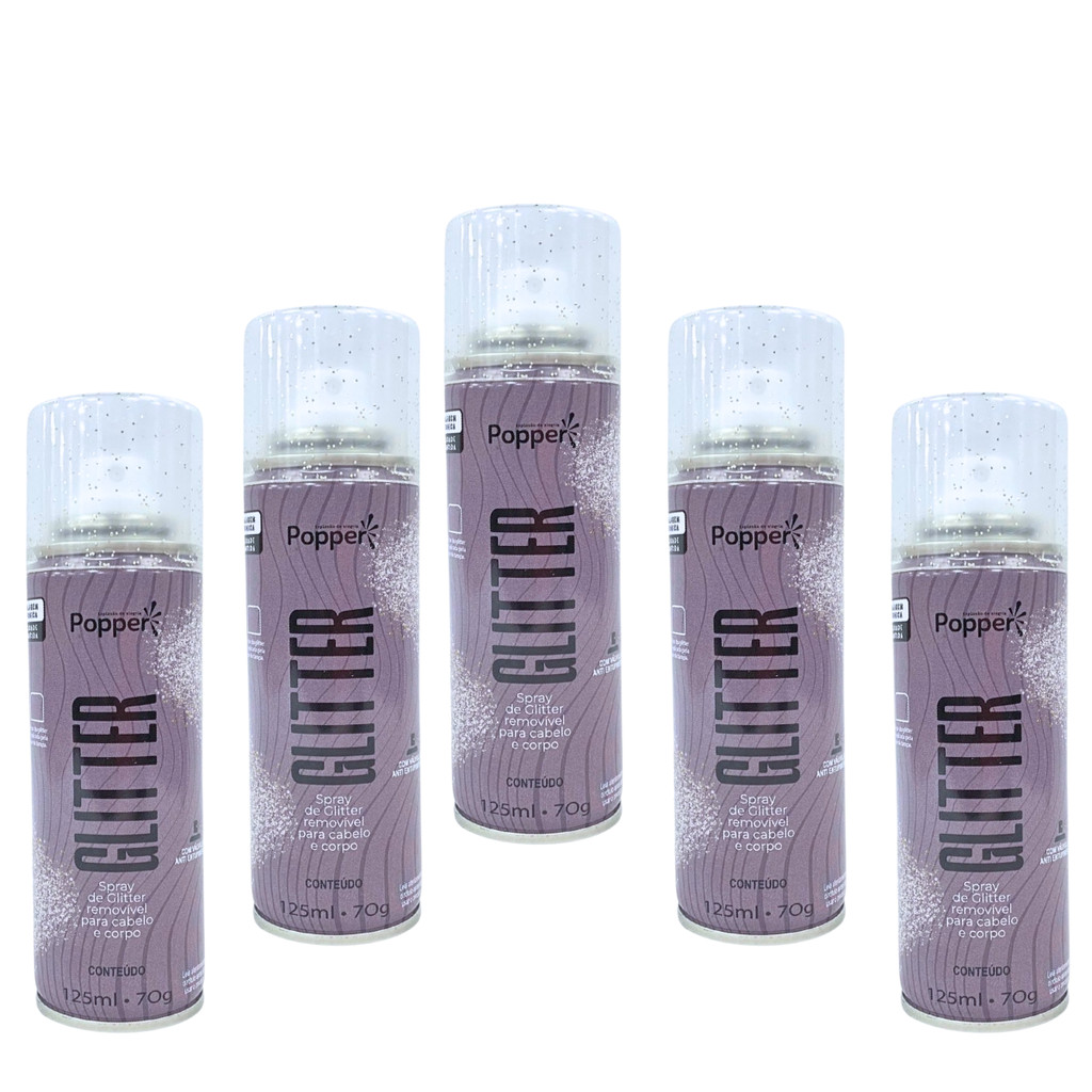 Kit 5 Spray De Glitter Prata 125ml Popper Cabelo Corpo Roupa Maquiagem Brilho Prateado Pequeno Bolsa Festas Carnaval