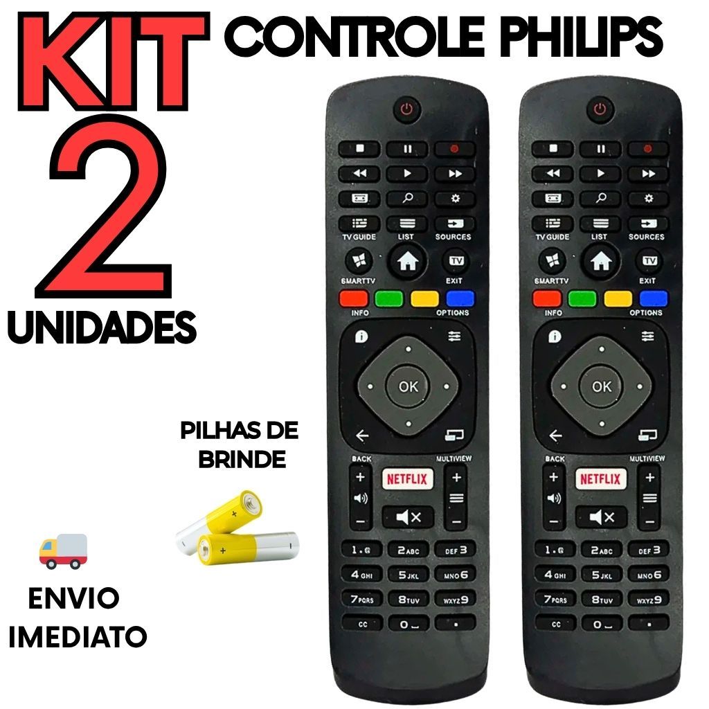 Kit 2 Controle Remoto Philips Smart TV 3D LCD LED Universal  Alta Compatibilidade + 4 Pilhas AAA