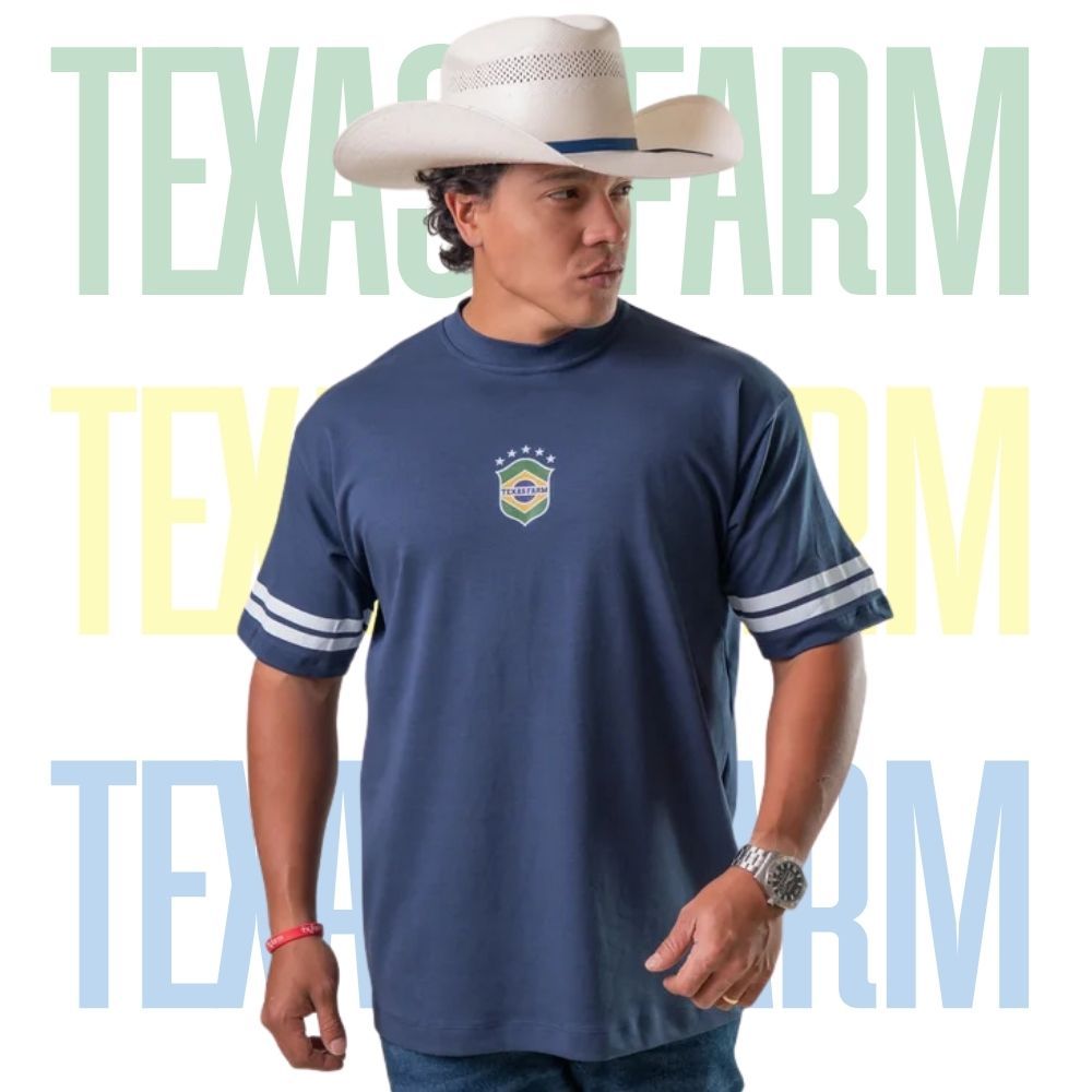 Camiseta Over Masculina Com Brasão Da Seleção Brasileira Original Texas Farm Muito Macia E Confortável Azul Marinho