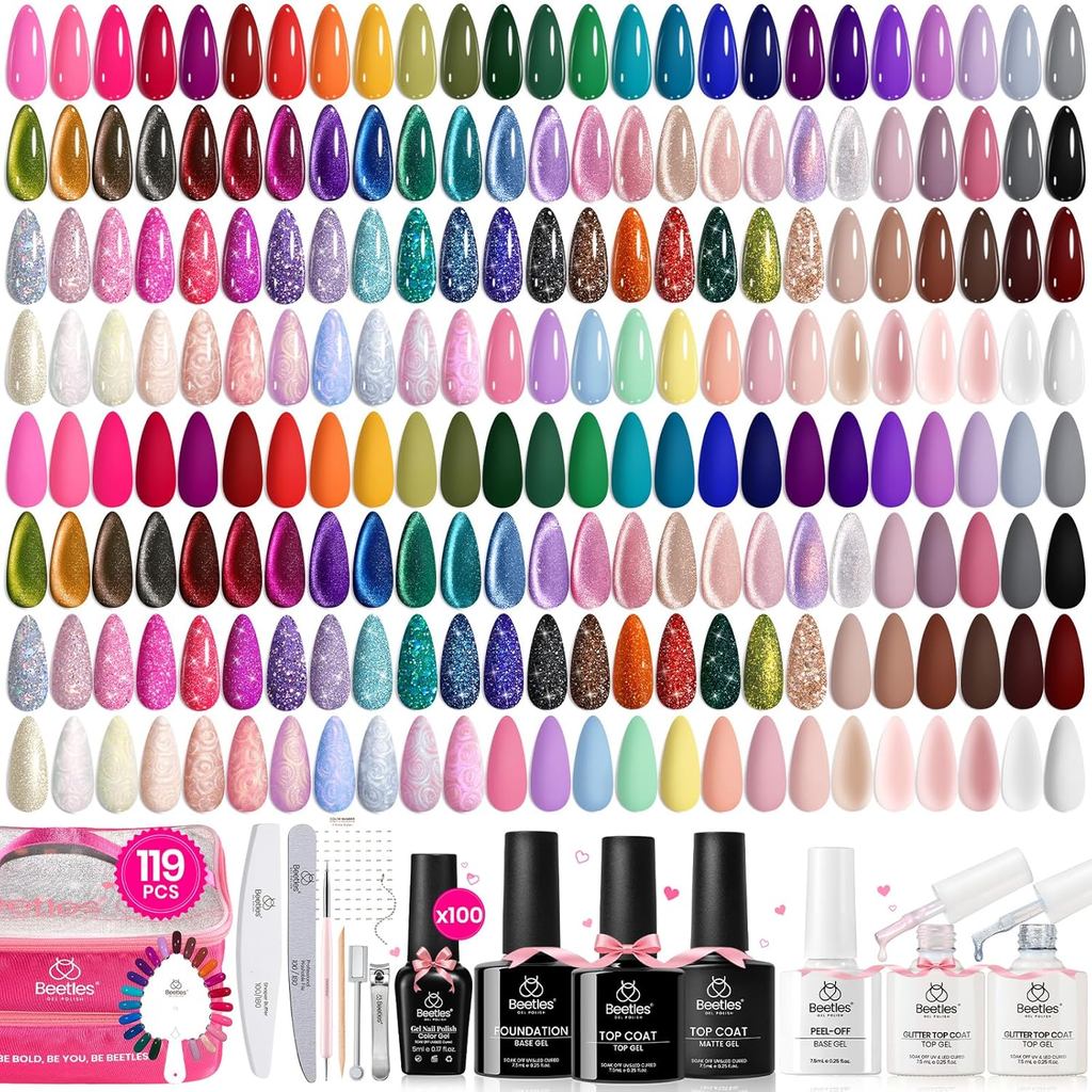 Conjunto de Esmaltes em Gel Beetles Nail Nook - 119 Peças, 100 Cores, Kit de Esmaltes em Gel com Base, Brilhante, Fosco,