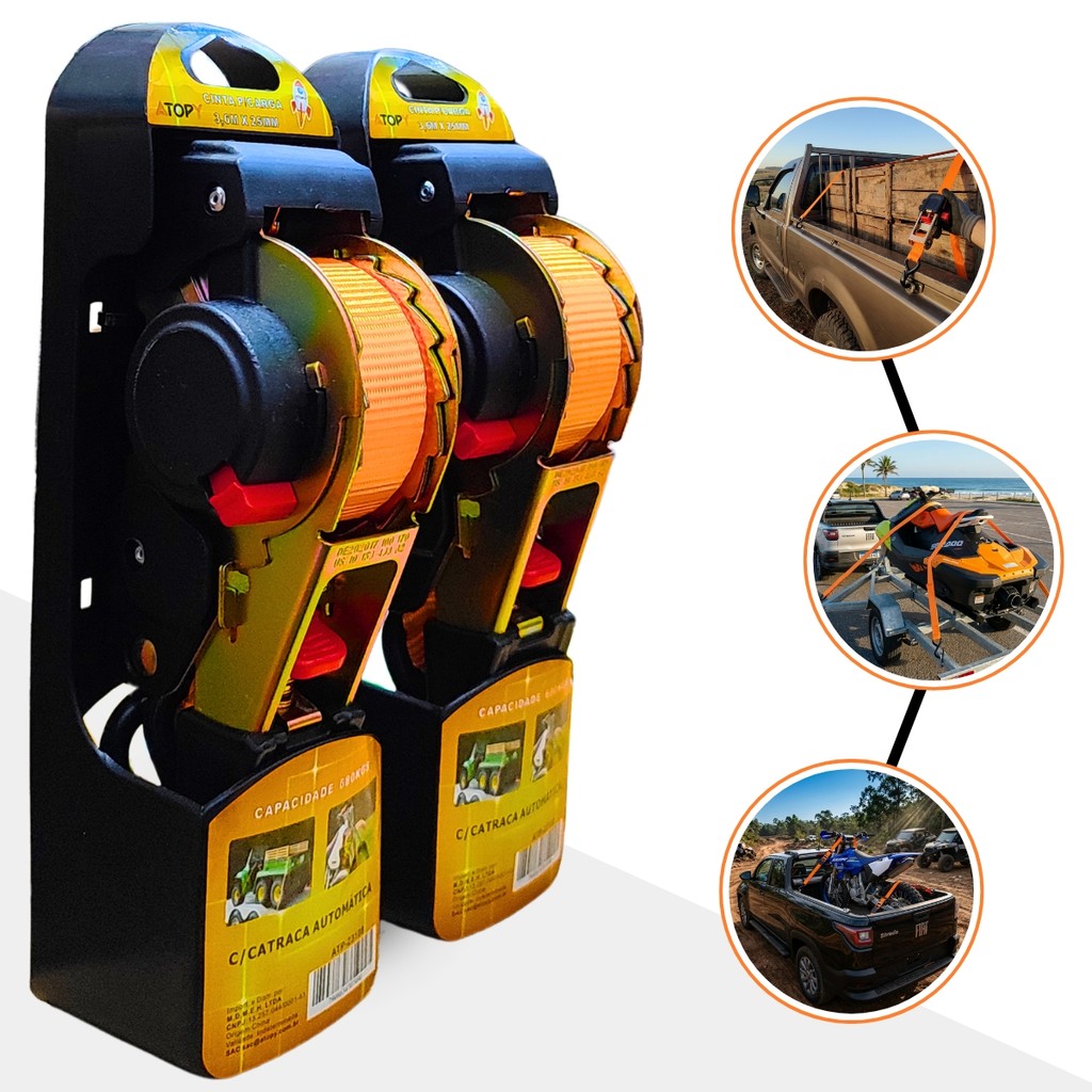 Kit 2 Cinta Para Carga Com Catraca Automática 680Kg 3,6Mx25mm Fita de Reboque Cinta Amarração Moto