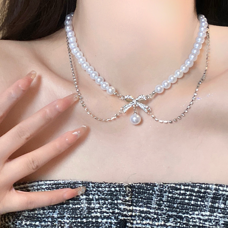 Arco pérola colar feminino dupla camada de cristal colar luz luxo nicho clavícula corrente pingente colar acessórios nov