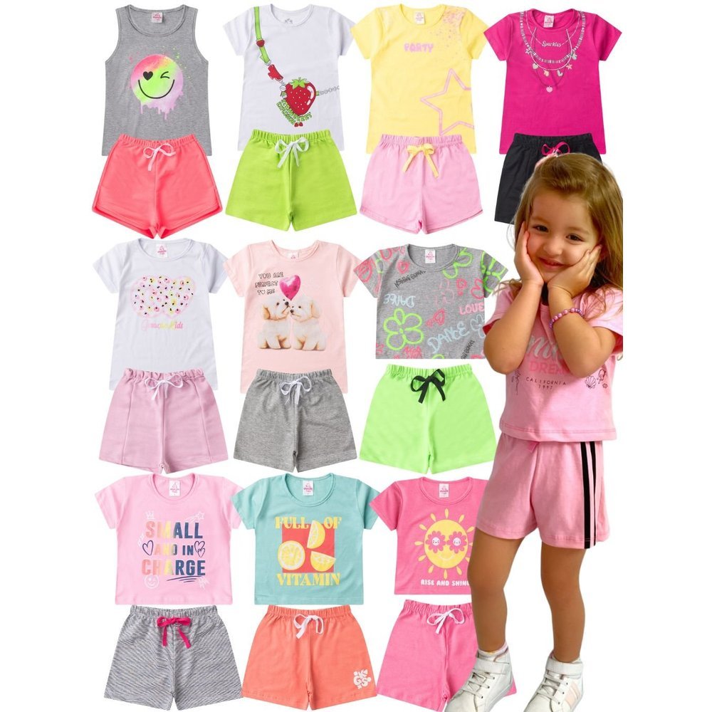 Kit 2 Conjuntos Infantis de Verão para Meninas Sortido Confortáveis e Estampados Tamanho 4 ao 14