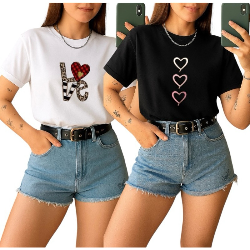 Kit 2 Camiseta t-short  Básica Feminina Love Coração 100% Algodão Envio Imediato
