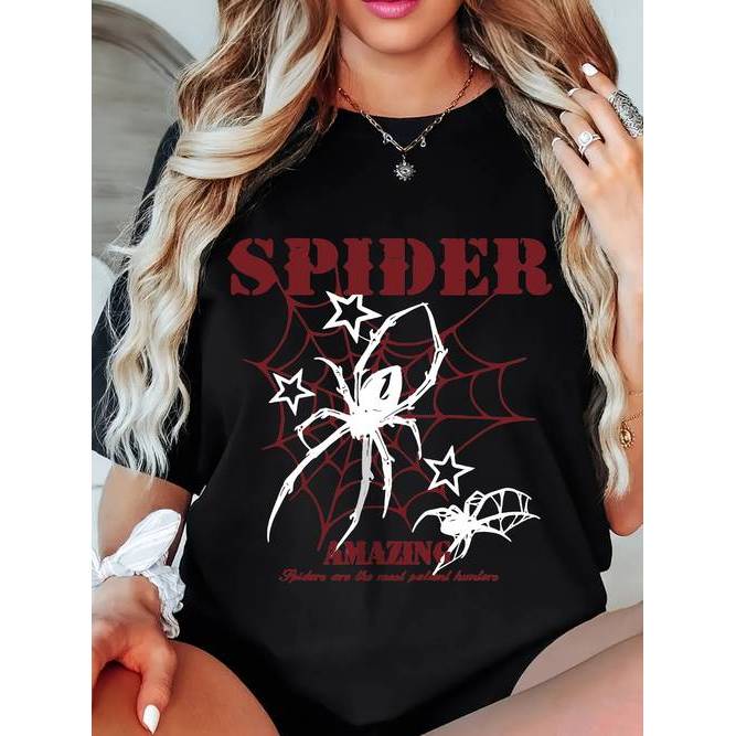 Camiseta Feminina Estampa Gótica Teia de Aranha e Estrelas Confortável Estilosa Moderna Moda Casual