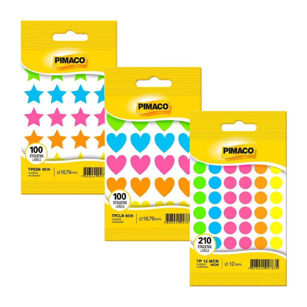 Kit Etiquetas TP Multiuso Neon Estrela + Coração + Bolinha