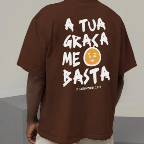 Camiseta Oversized Unissex Casual Confortável 100% Algodão Modelo A Tua Graça me Basta para Academia