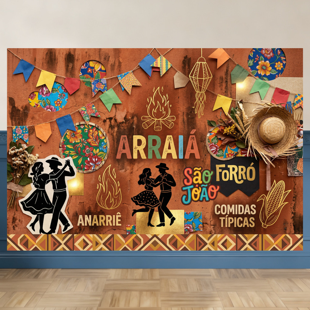 Fundo Fotográfico Festa Junina Colorida | Milho e Bandeiras | tecido premium | frete gratis | varios modelos | 220X150CM