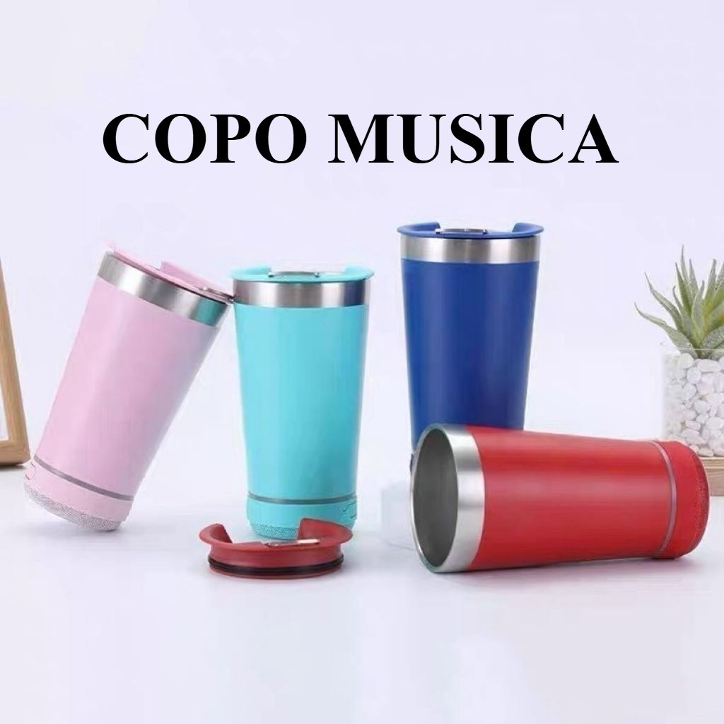 Copo térmico inox MUSICA com tampa abridor e caixa de som com bluetooth Led 420ML qualidade INOX