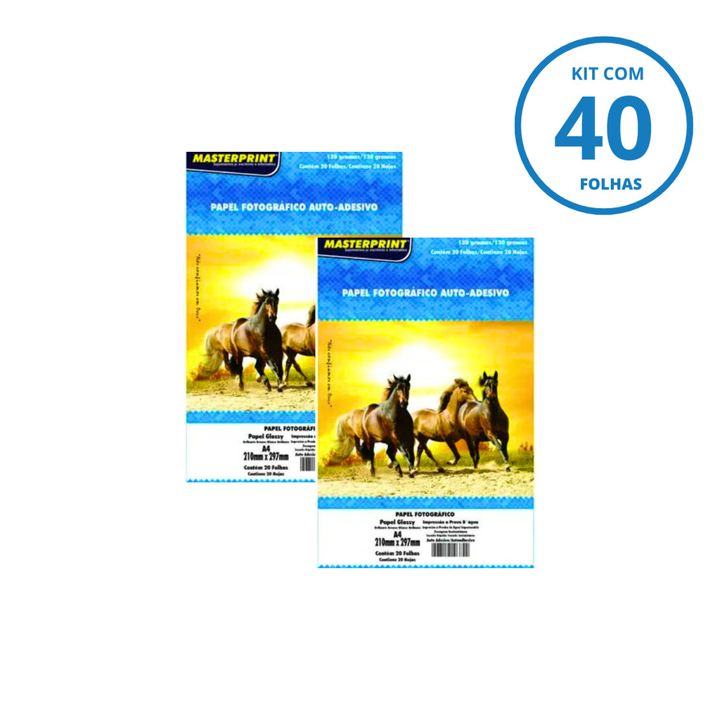Kit 40 Folhas de Papel Fotográfico A4 Com Adesivo 130g Brilhante – 2 Pacotes c/ 20