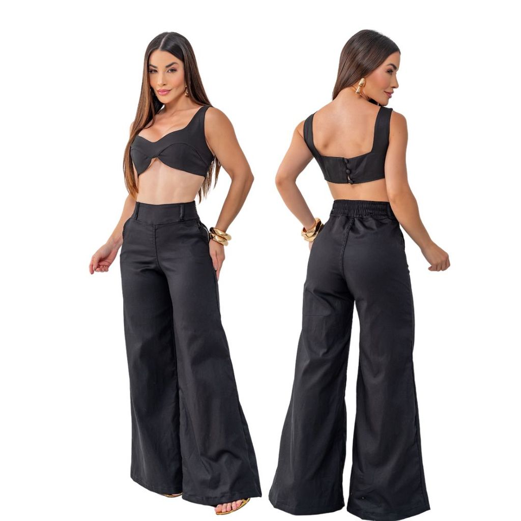 Calça Feminina Wide Leg Pantalona com lycra Preta e Elegante em Oferta na Shopee
