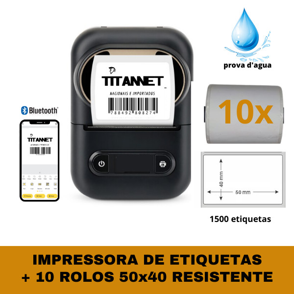 Impressora de Etiquetas Bluetooth + 10 Rolos Etiquetas 50x40 Prova D'água