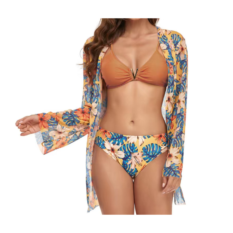 Biquíni top bojo renovável feminino conjunto estampa floral três peças metal-V moda praia piscina lazer natação em Oferta na Shopee
