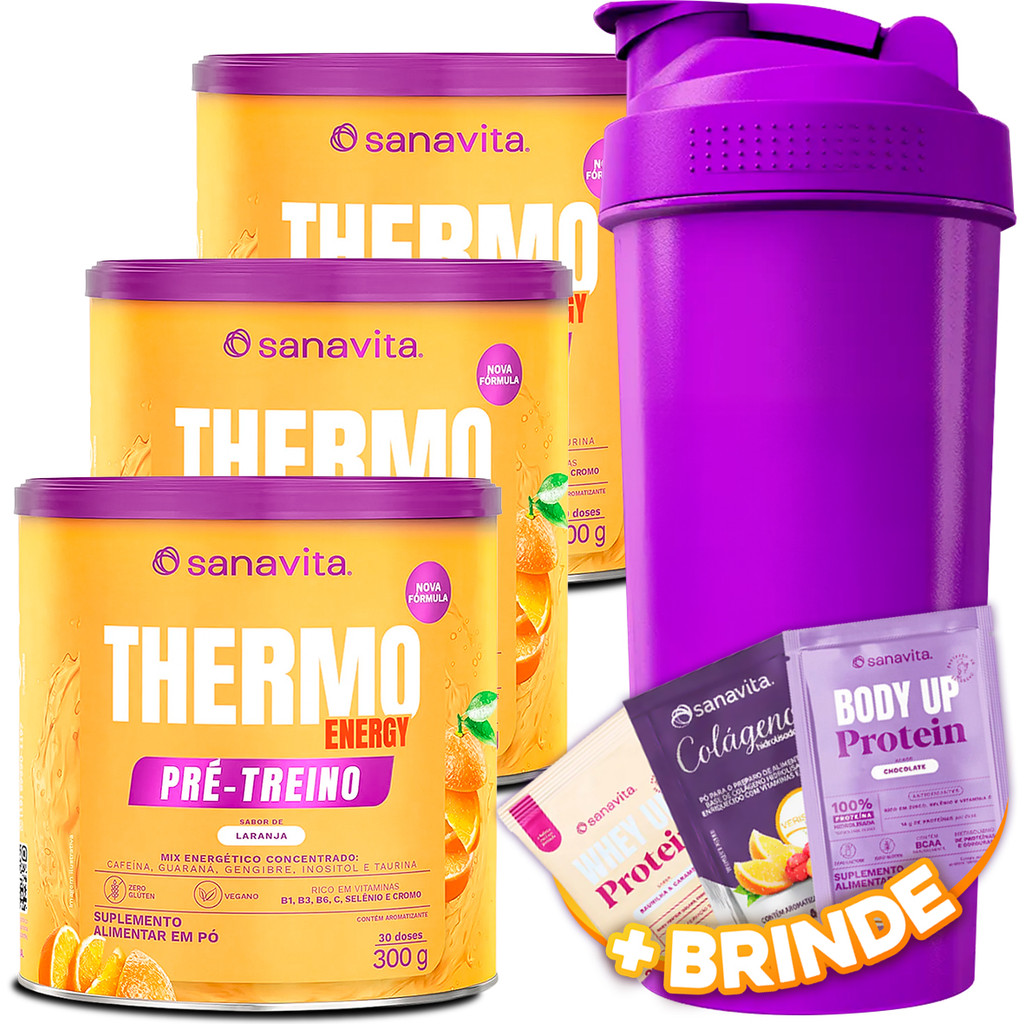 3x Termogênico Suplemento Thermo Energy Sanavita 300g Pré Treino Sabor Laranja + Coqueteleira