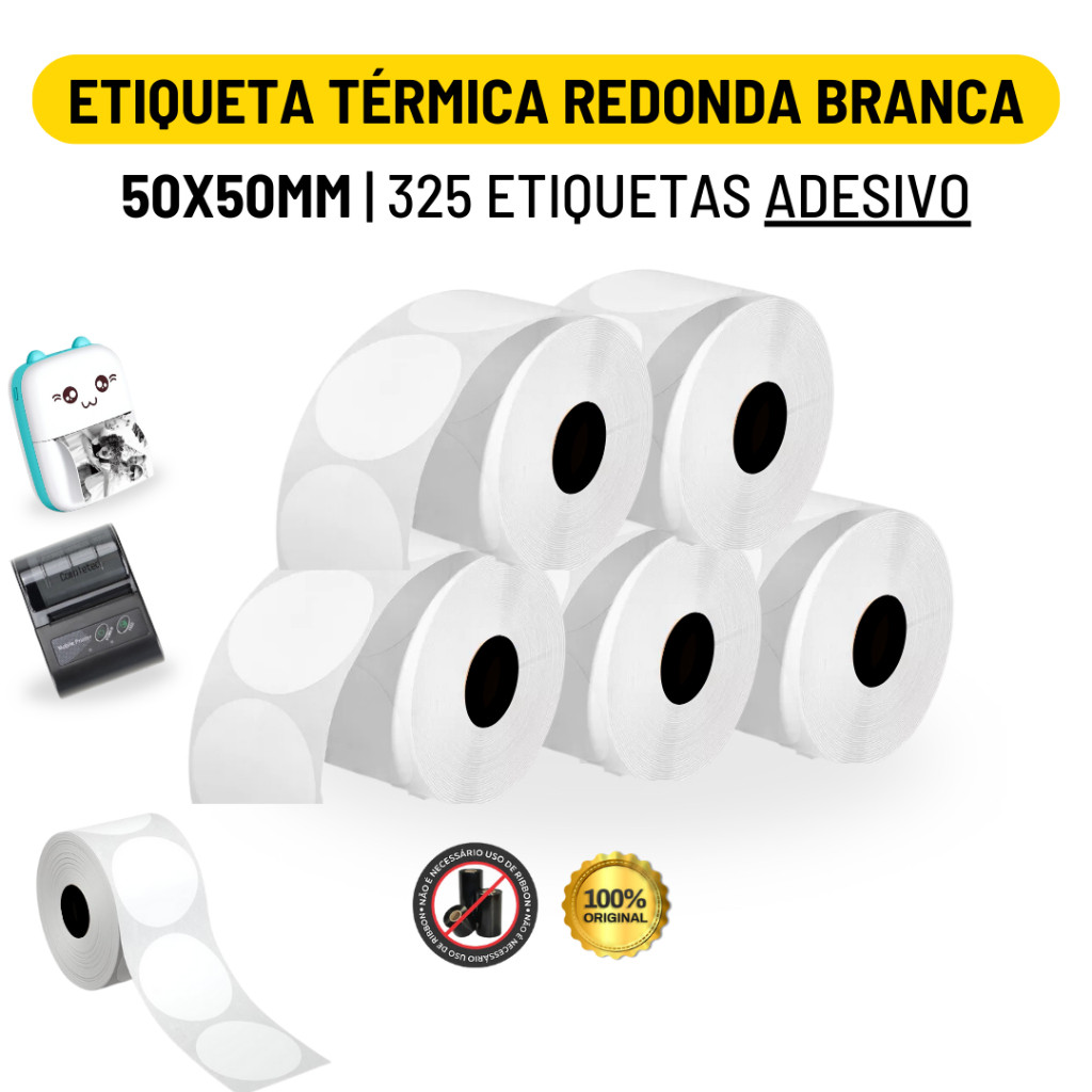 Kit 5 Rolo Etiqueta Adesiva Térmica Redonda 50x50mm Para Mini Impressora Portátil e Outras em Oferta na Shopee