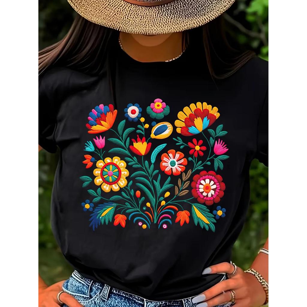 Camiseta Floral Bordado Crisântemo Verde Colorido Redonda Confortável Linda Estilosa Verão