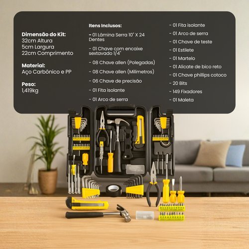 Kit Ferramentas Completo 200 Peças Maleta Resistente Ferramentas Manuais Profissional