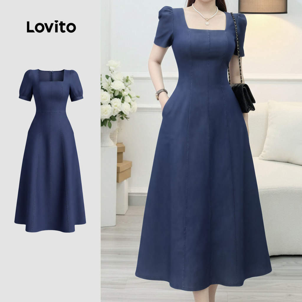 Lovito Vestido Elegante Simples para Vestido Azul Marinho para Primavera/verão para Mulheres LK4ED1540 em Oferta na Shopee