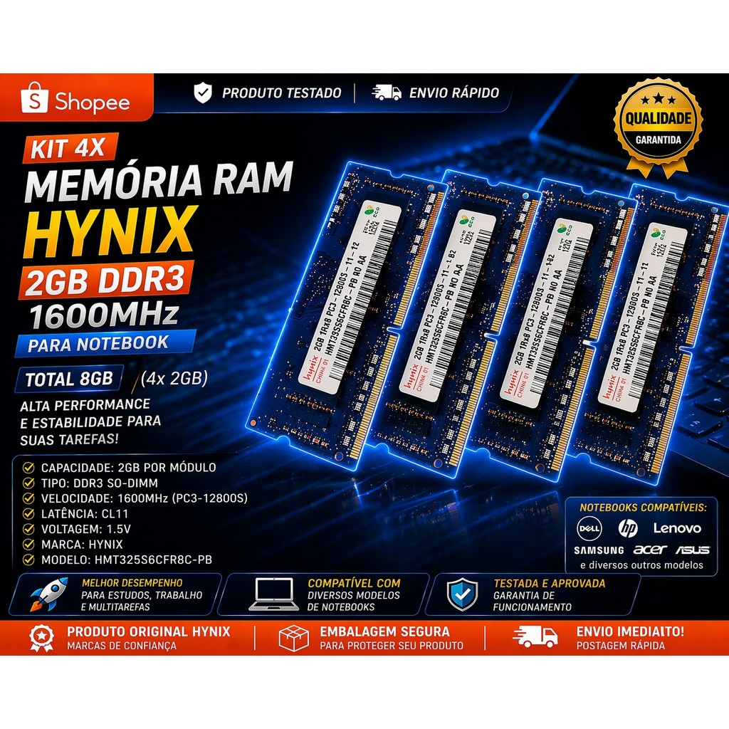 Kit 4x Memória RAM 2GB DDR3 1600MHz Hynix Notebook | 8GB Total PC3-12800 Estações para IA local OpenClaw
