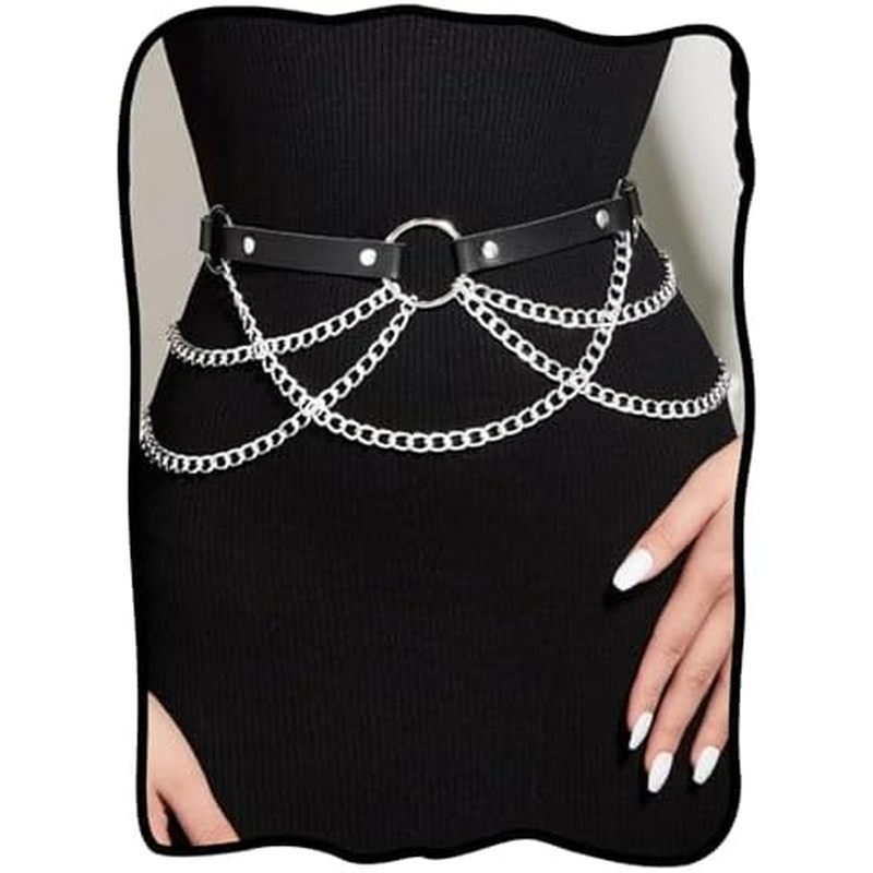 Cinto De Couro Da Moda Com Corrente , Acessórios Em Camadas Punk Preto , Arnês Corporal Feminino Gótico