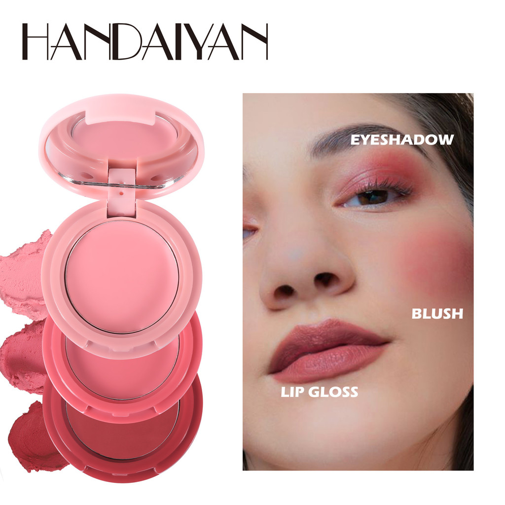 Paleta de blush de três cores, Handaiyan 3 em 1 dobrável para contorno e sombra, blush em creme multicolorido e batom cr