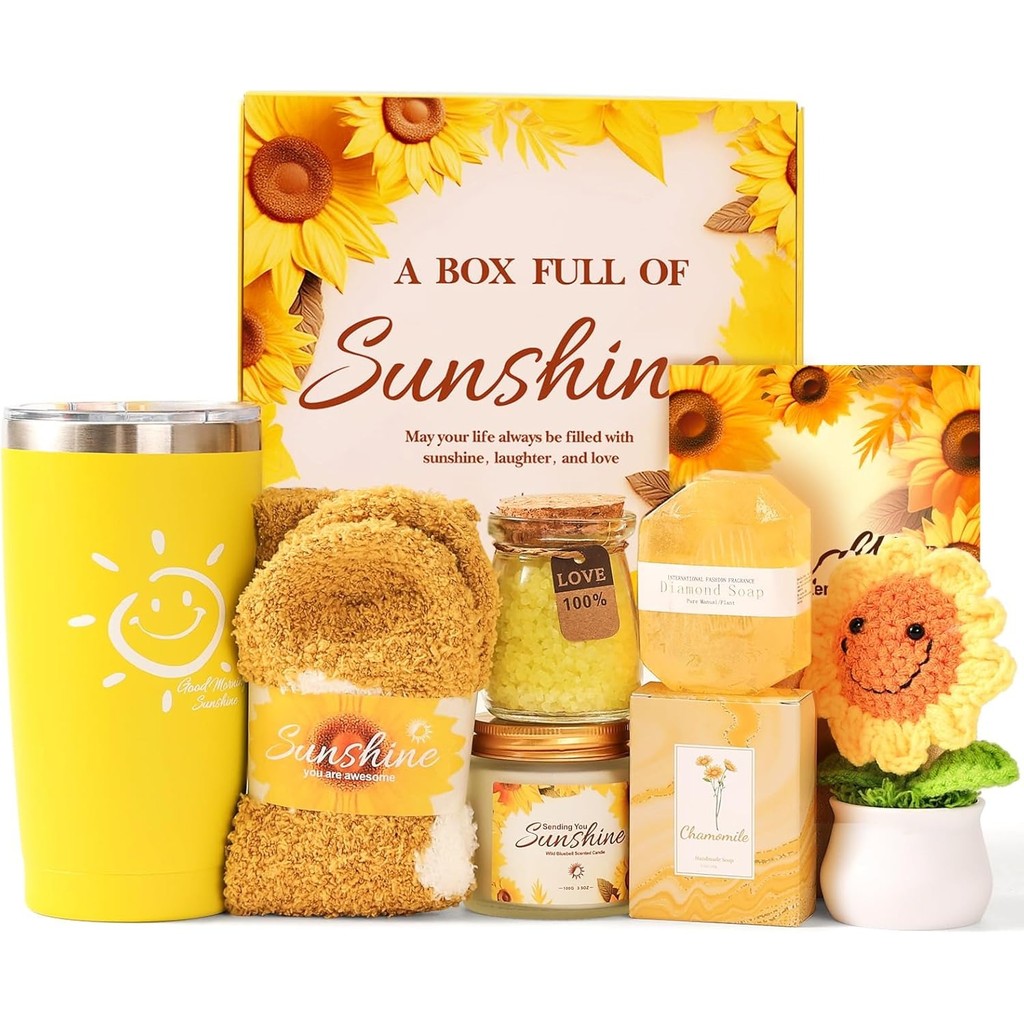 Cestas De Aniversário Presentes De Mimos Para Mulheres Irmãs-Conjunto De Cesta De Presente De Autocuidado Sunshine De 7