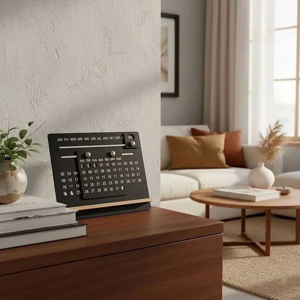 Calendário de Mesa Permanente Madeira Preto 24x22cm Moderno Interativo Escritório e Casa