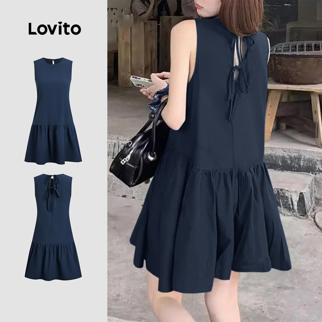 Lovito Casual Vestido Clássico E Versátil Com Amarração Nas Costas Azul Marinho Primavera/verão Para Mulheres L154ED239