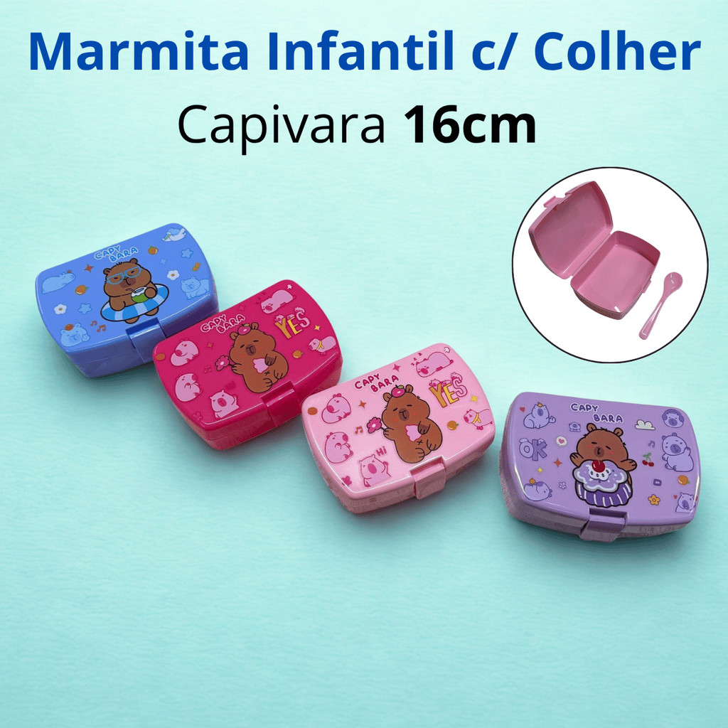 Marmita Infantil de Plastico c/ Colher Capivara  16cm - Interponte /  Lancheira Comida Escola Viagem