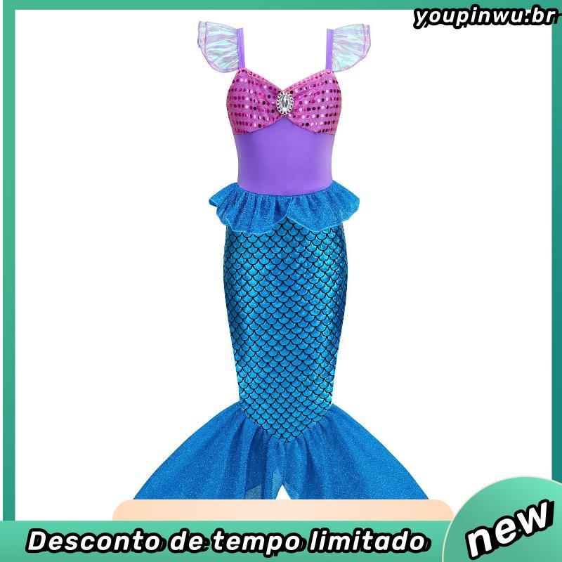 Fantasia Infantil Sereia Vestido Calda Ariel Roxo E Verde