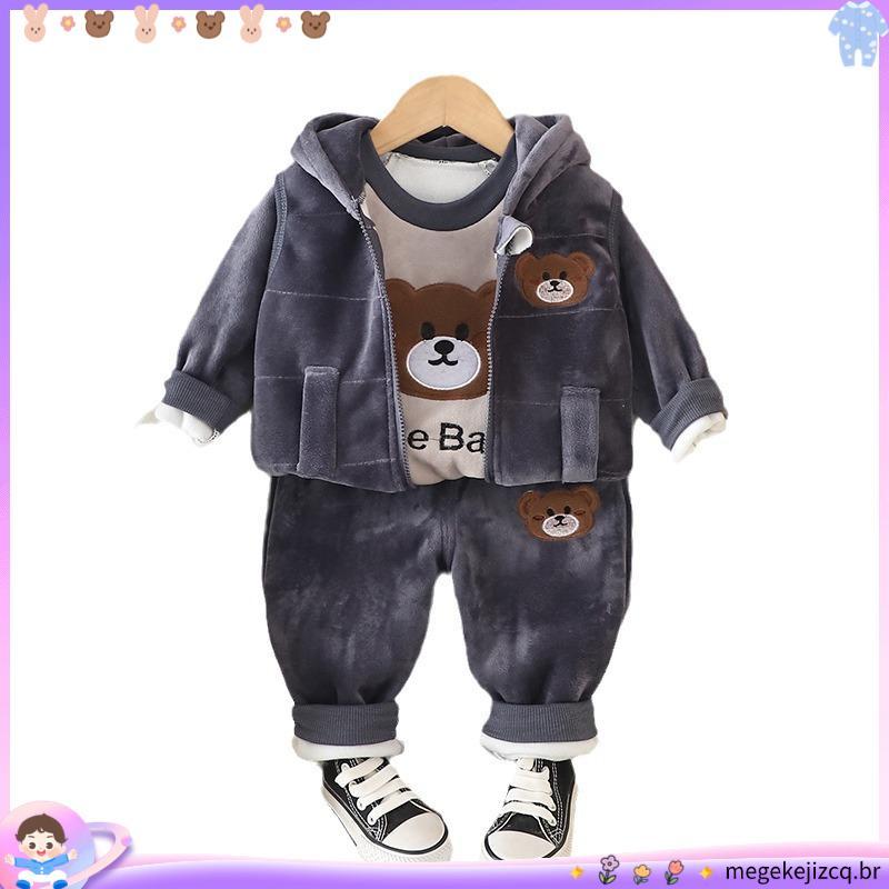 Crianças Primavera/Outono Plush Terno Quente Menino Astronauta T-shirt+Colete De Capuz+Calça 3 Peças 0-4 Anos