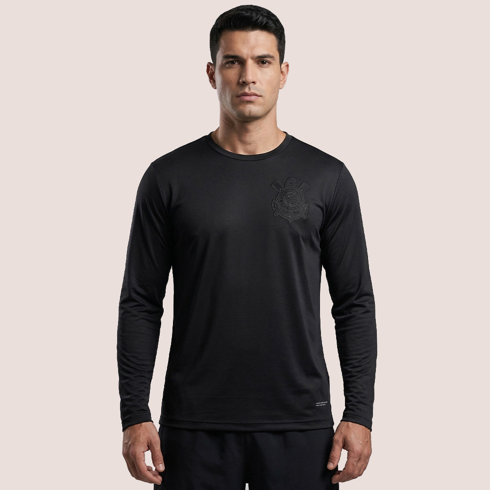 Camiseta All Black Corinthians Manga Longa Masculina UV Proteção Leve Respirável Uso Diário