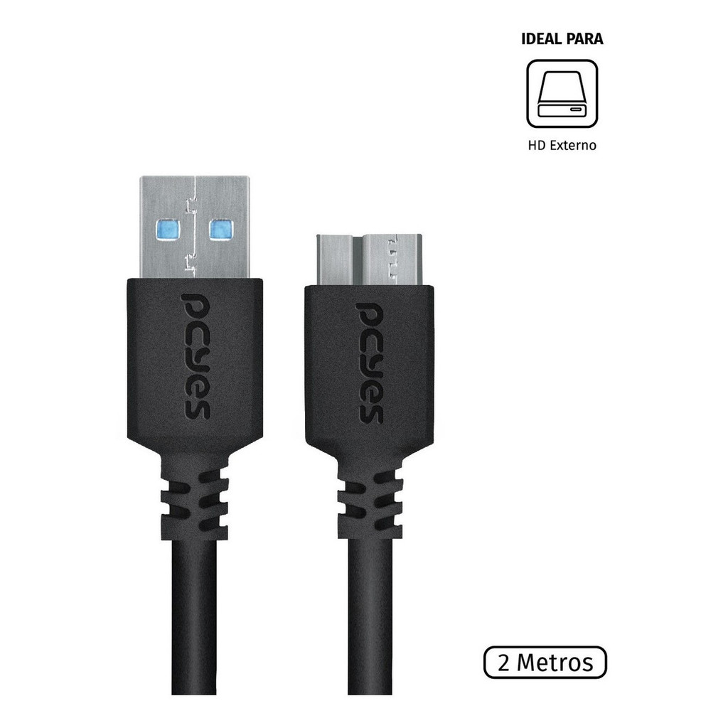 Cabo Micro Usb B Pcyes 2m Para Hd Externo Usb 3.0 Preto - Puamcm3-2