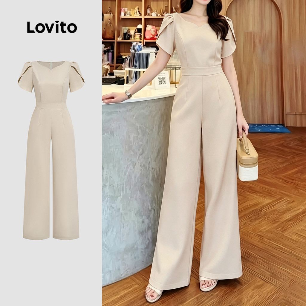 Lovito Elegante Macacão com Linha Deslocamento Leve Cor Caqui Macacão Feminino primavera/verão L189AD067