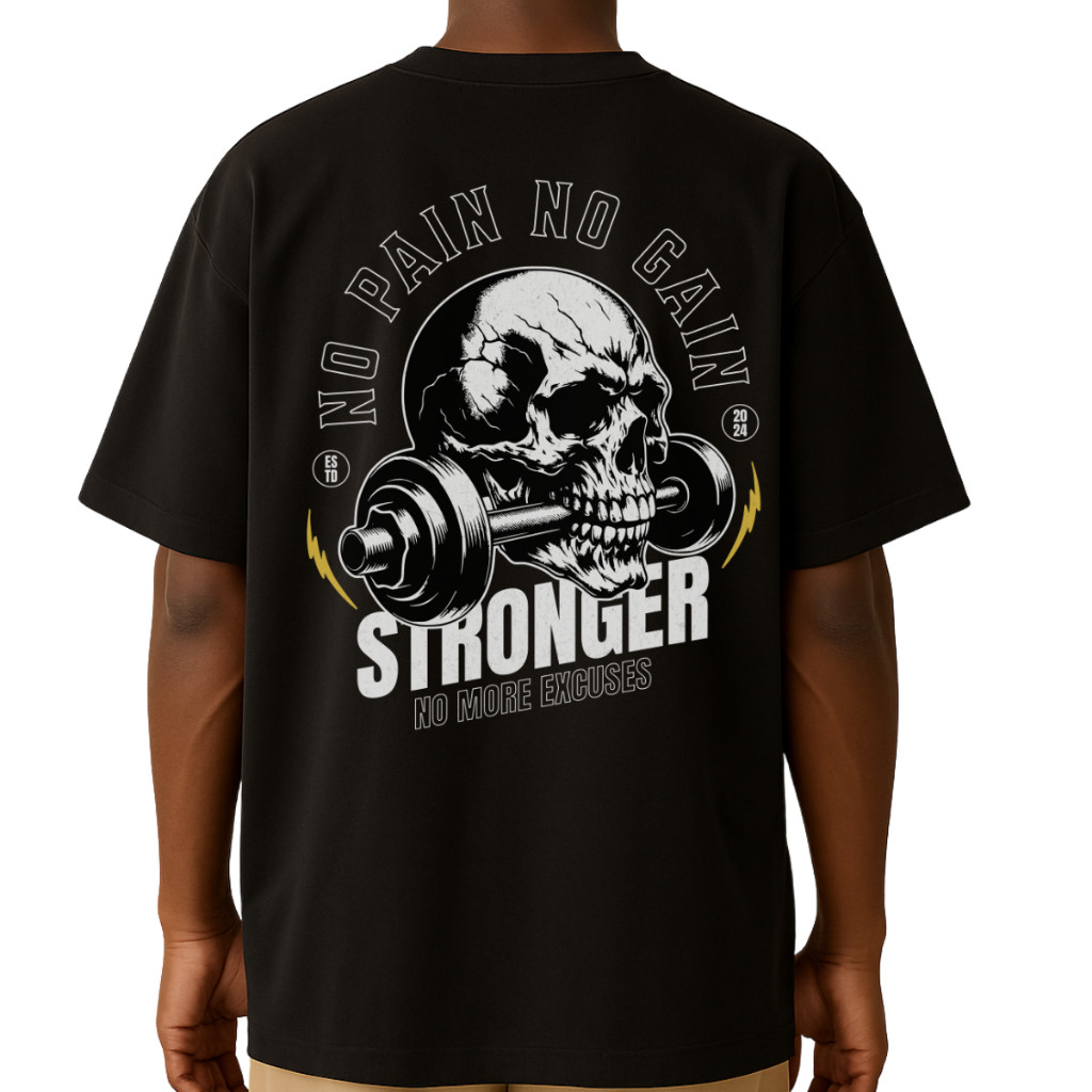 Camiseta Oversized Academia Unissex 100% Algodão – Modelo "Caveira Stronger" | Conforto e Estilo para seu Treino