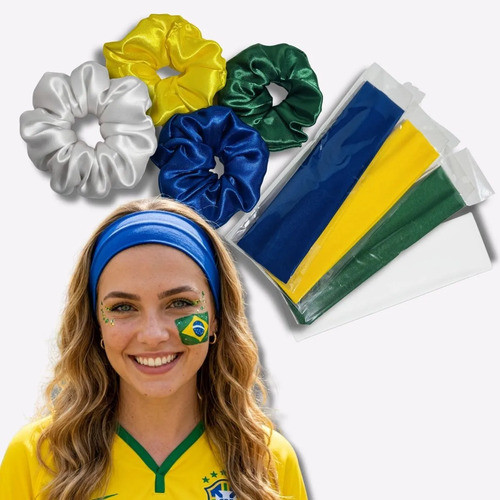 Kit Brasil Copa Bandeira Faixa E Scrunchie Cabelo Torcida Cores Bandeira Verde Amarelo Azul Branco Headband