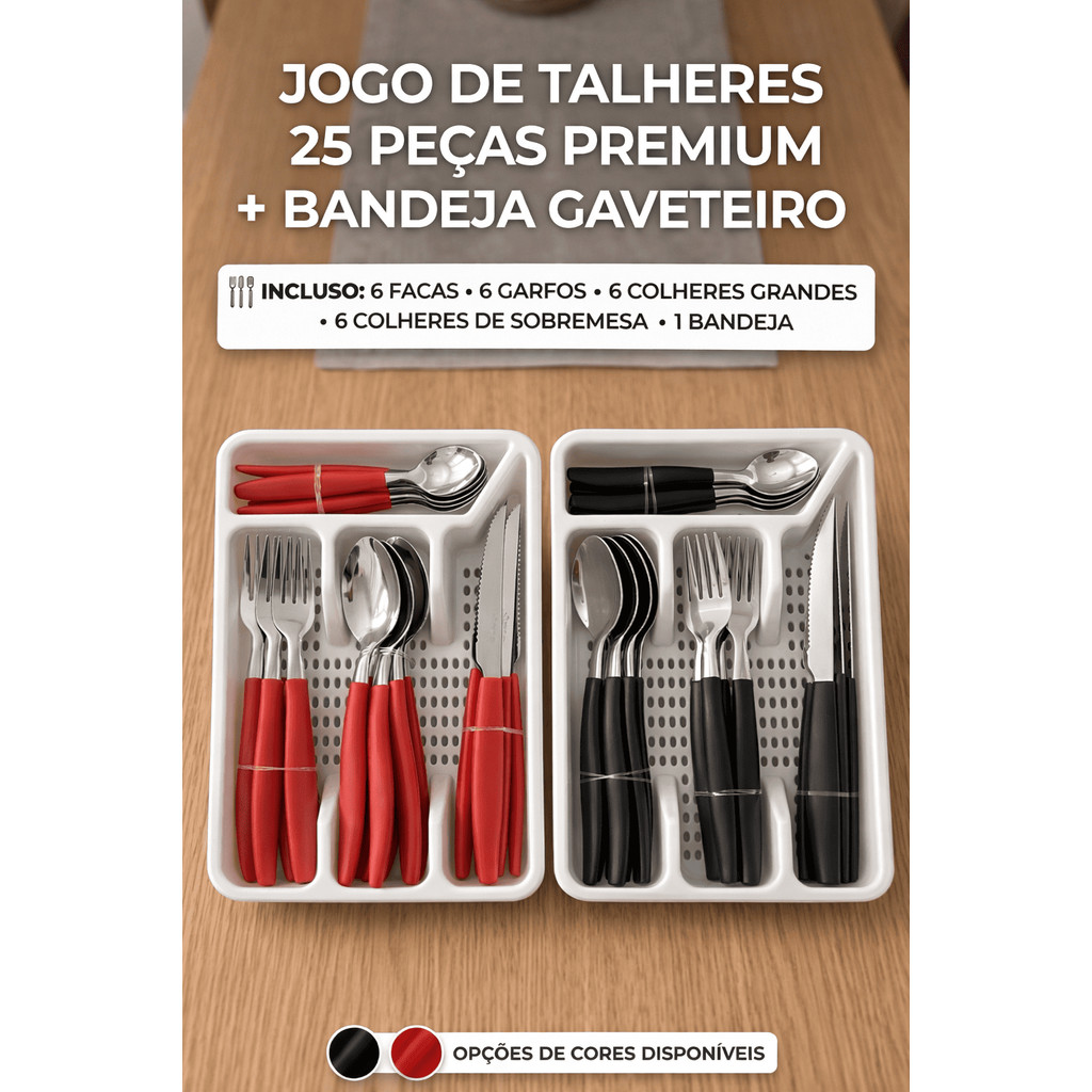 Jogo de Talheres Faqueiro Inox 25 Peças Cabo de PU com Bandeja Organizadora
