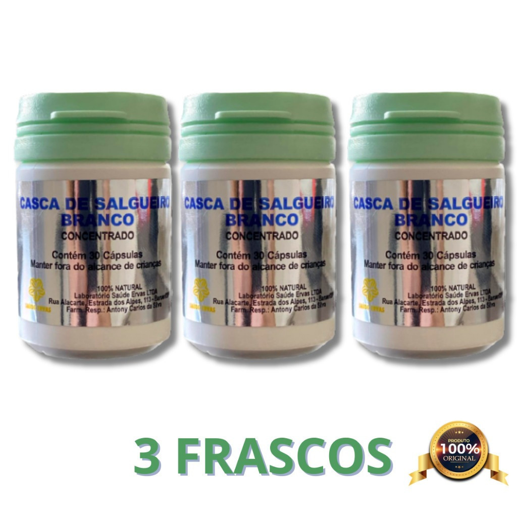 Kit 03 Frascos Casca de Salgueiro Branco - Legítimo - 30 Cápsulas