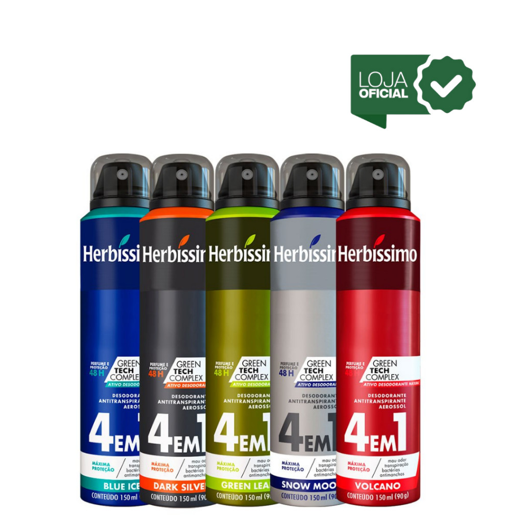 Kit 5 Desodorante Aerosol Antitranspirante Herbíssimo Green +Snow +Volcano +Blue +Dark Silver 150Ml em Oferta na Shopee