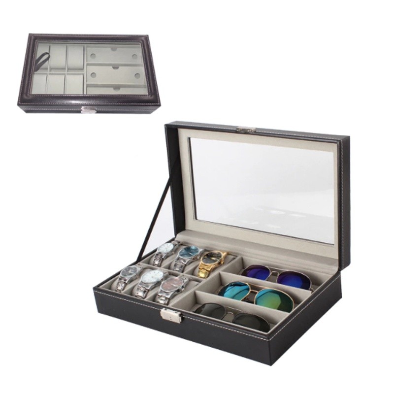 Caixa Organizadora Relógio e Óculos 12 e 6 Divisórias Para Armazenamento de Relógio Unissex