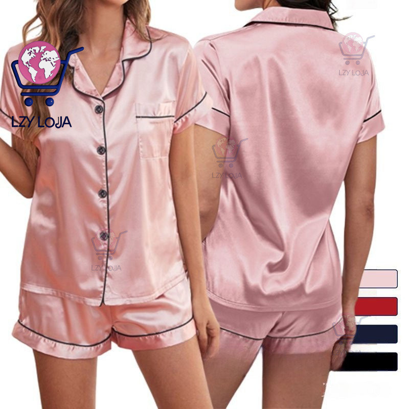 Joyjoy Conjunto de Pijama de Cetim Plus Size, Duas Peças, Camiseta de Manga Curta e Shorts, M-2XL