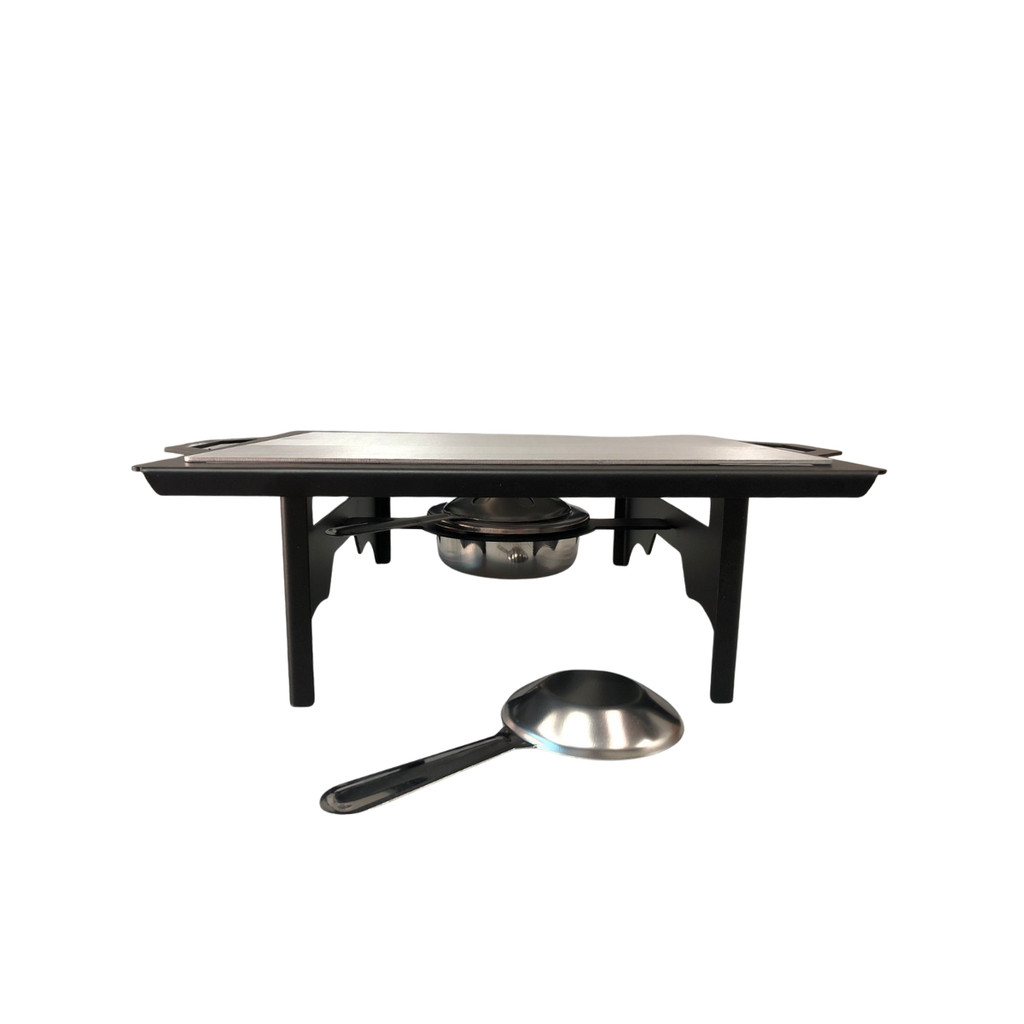 Rechaud Retangular preto37cm x 27cm base cromada chapa alumínio queimador aço inox Ravinox