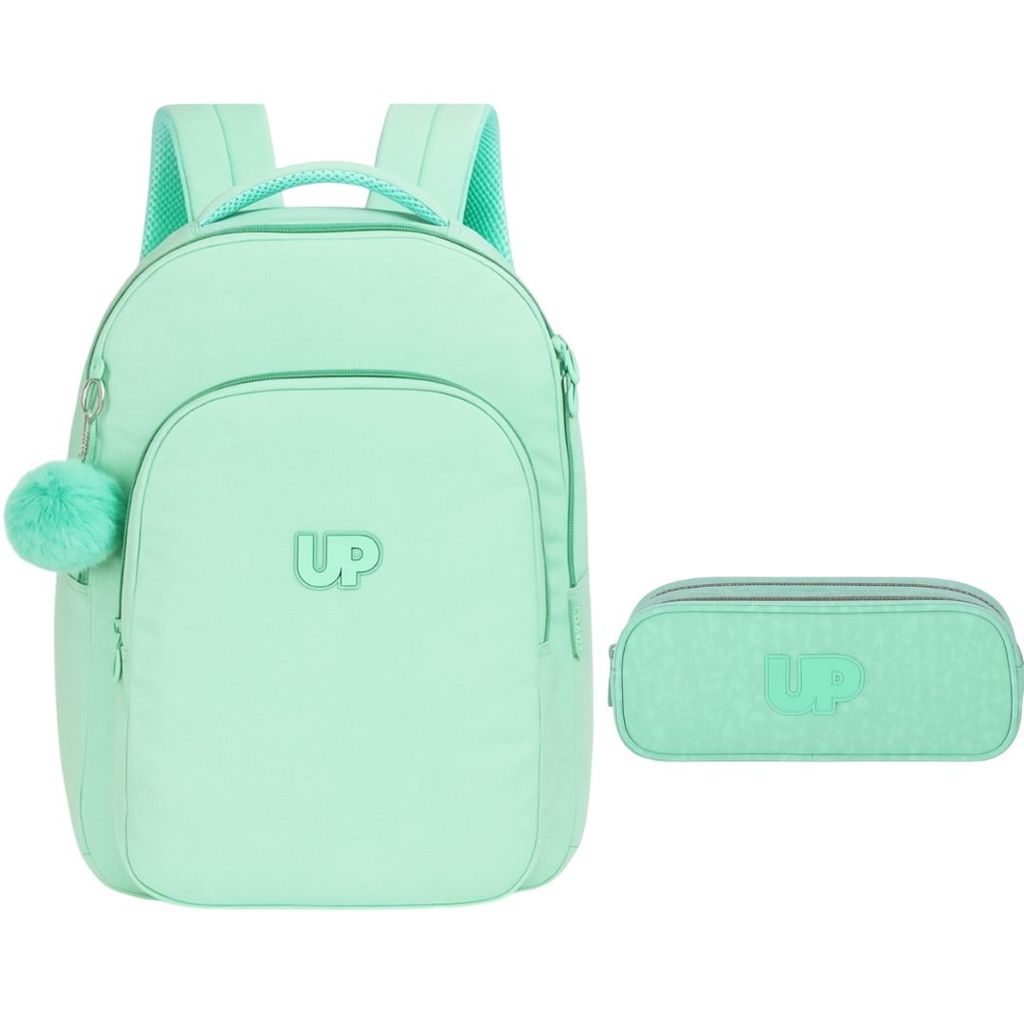 Kit Mochila De Costas e Estojo Duplo UP4YOU Turquesa Juvenil Escolar Feminino Volta As Aulas Estudos Espaçosa