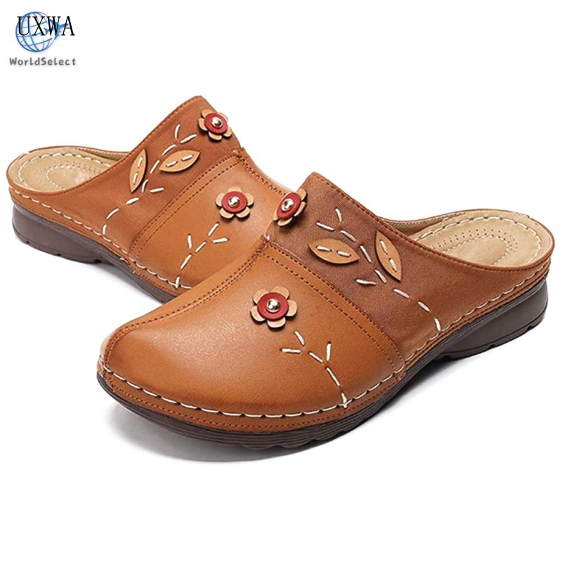 Sandálias Tamancos Femininas Confortáveis com Salto Anabela, Sapatos de Plataforma com Bico Fechado, Chinelo de Flor VZE